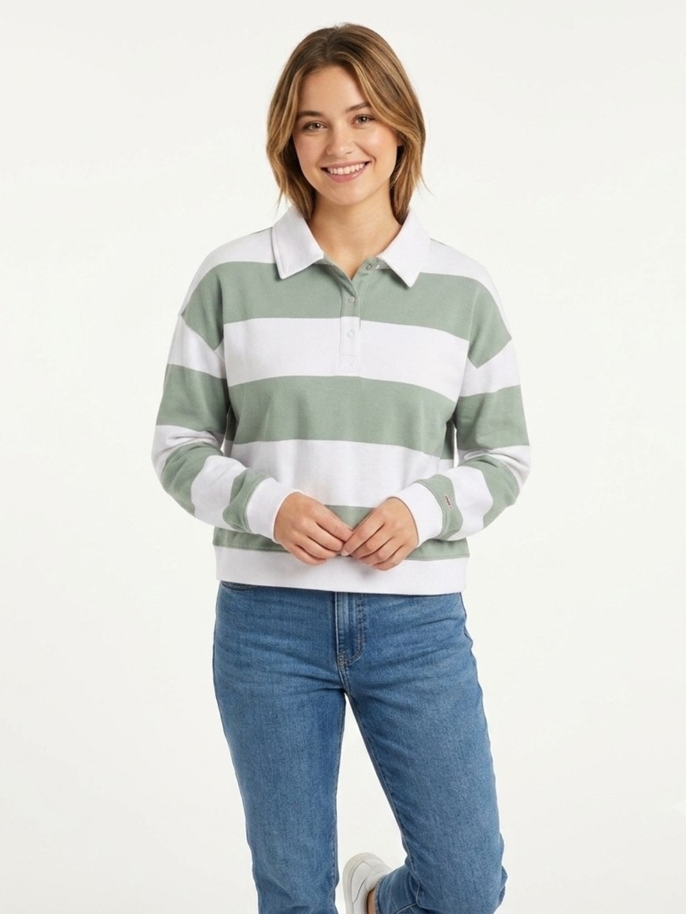 All In Motion Sage Green & White Striped Rugby Polo Long Sleeve Top